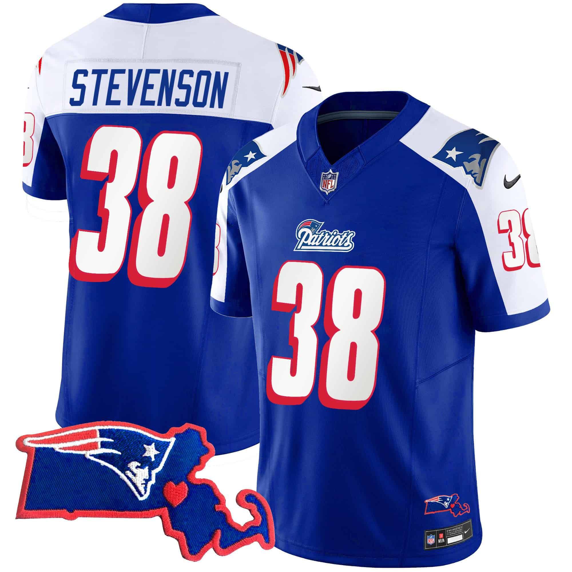 Men New England Patriots 38 Stevenson Blue 2024 Nike Patch Vapor Limited NFL Jersey